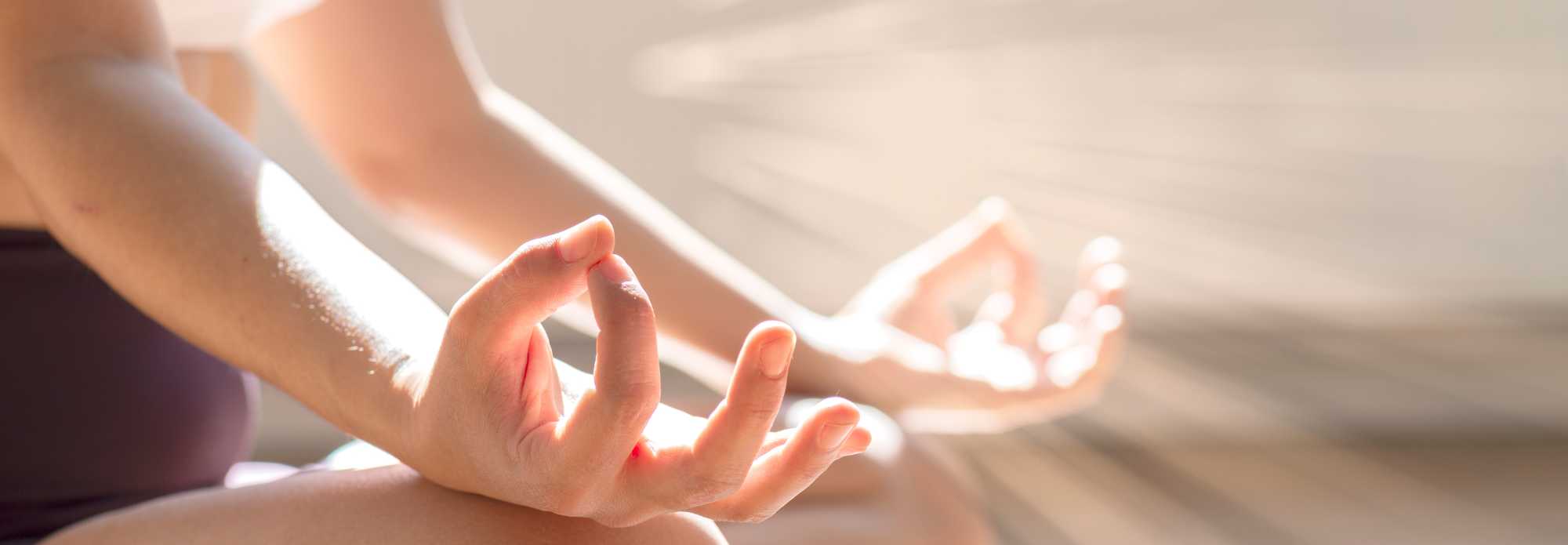 Dru Yoga Gynaan Mudra in the sun, sitting in Yoga pose