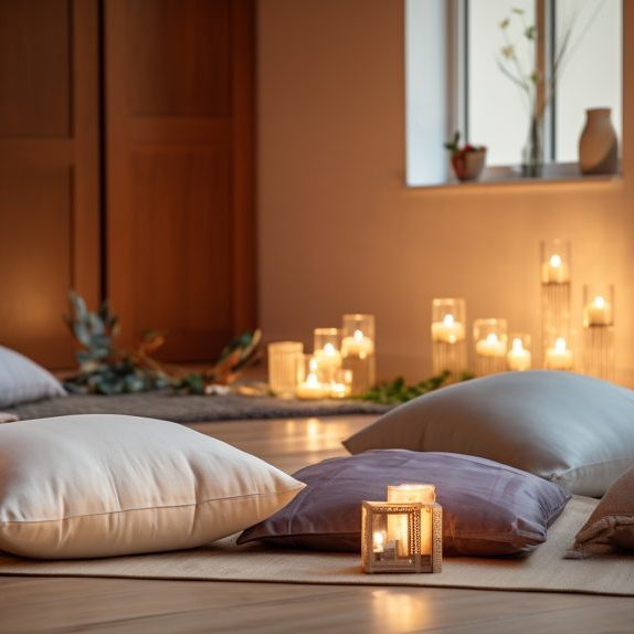 A tranquil space with cushions and candles, inviting individuals to practice mindfulness and deep relaxation Generative AI A tranquil space with cushions and candles, inviting individuals to practice mindfulness and deep relaxation Generative AI