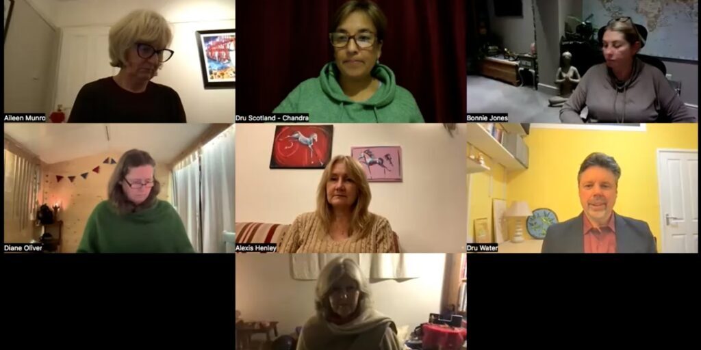 Chandra Goswami and Andrew Wells leading a spiritual mentoring online series with Dru Yoga.